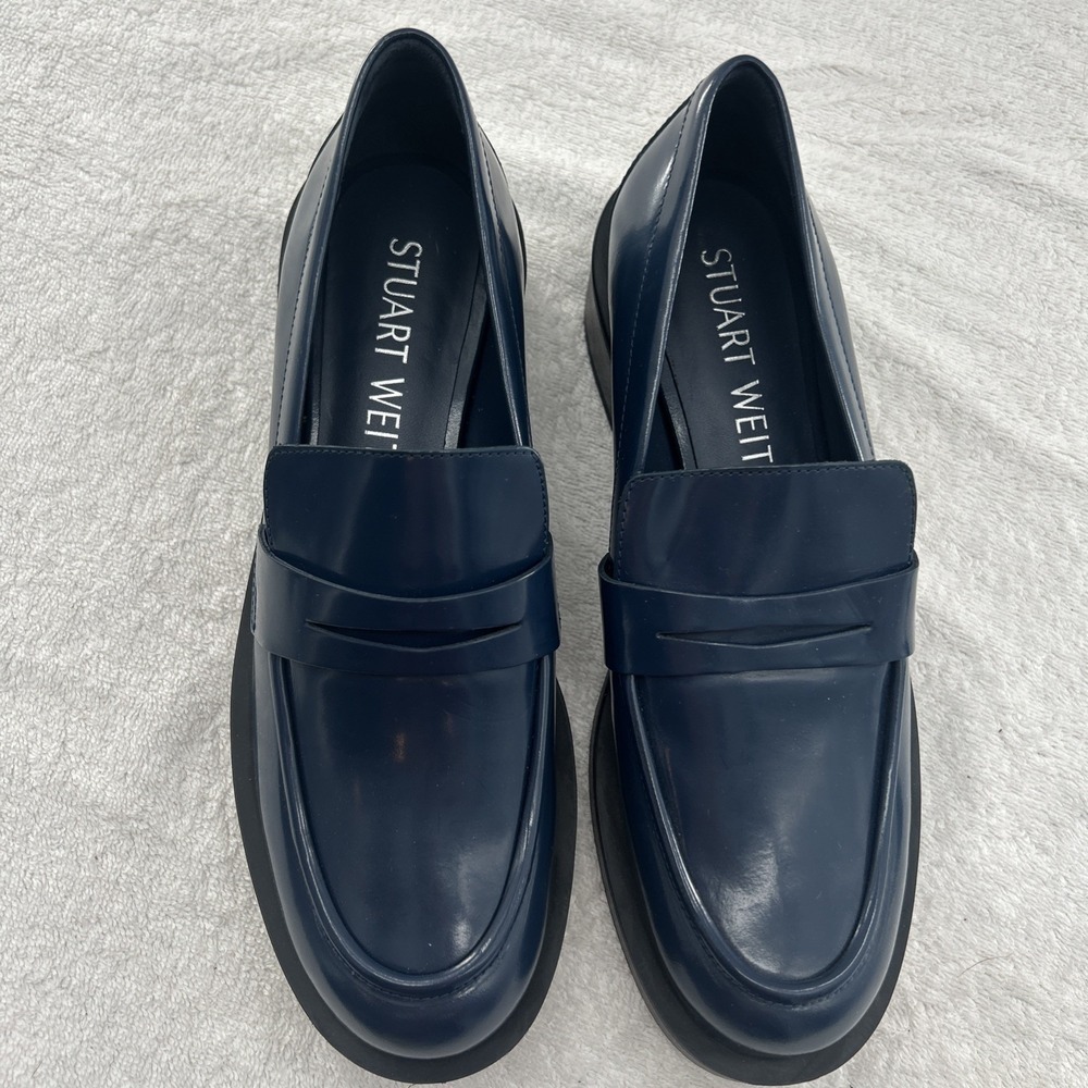 Stuart Weitzman Blue Indigo Palmer Leather Loafers Shoes Size 7B 37.5 MSRP $495